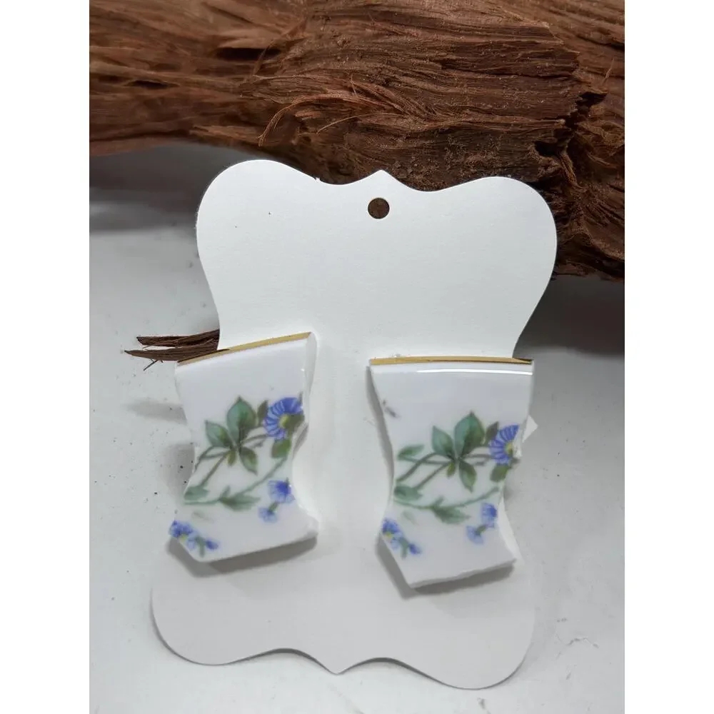 Handmade Broken China Earrings Blue Flower Botanical Gold Wedding Birthday Gift